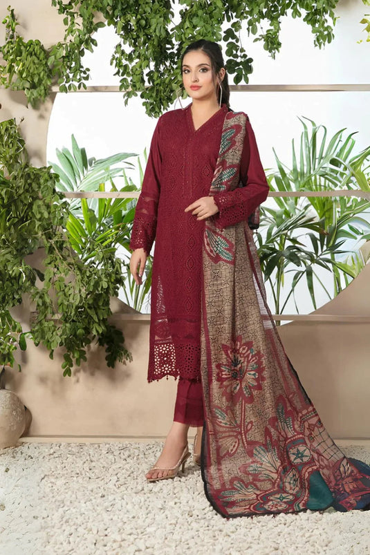 Chikenkari Lawn 3PC Embroidered Shirt with Silk Dupatta MD-0003A