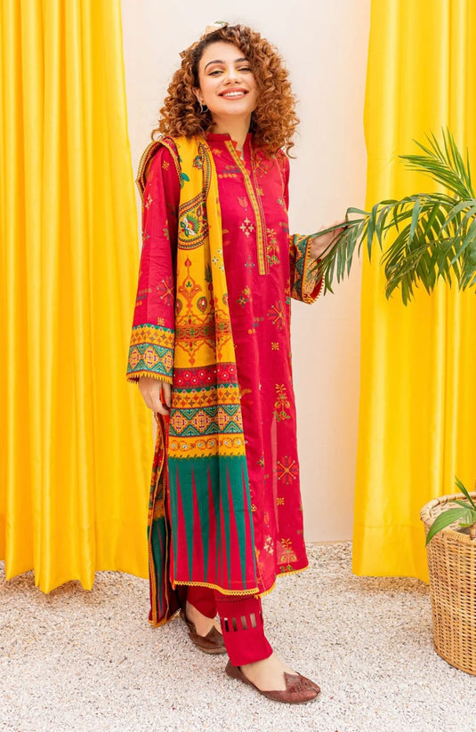 Lawn 3PC Embroidered Shirt with Printed Dupatta MD-018