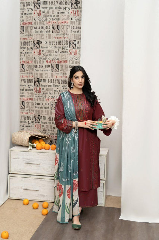 Maria.B-3PC Embroidered Lawn Shirt with Munar Dupatta MD-000324A